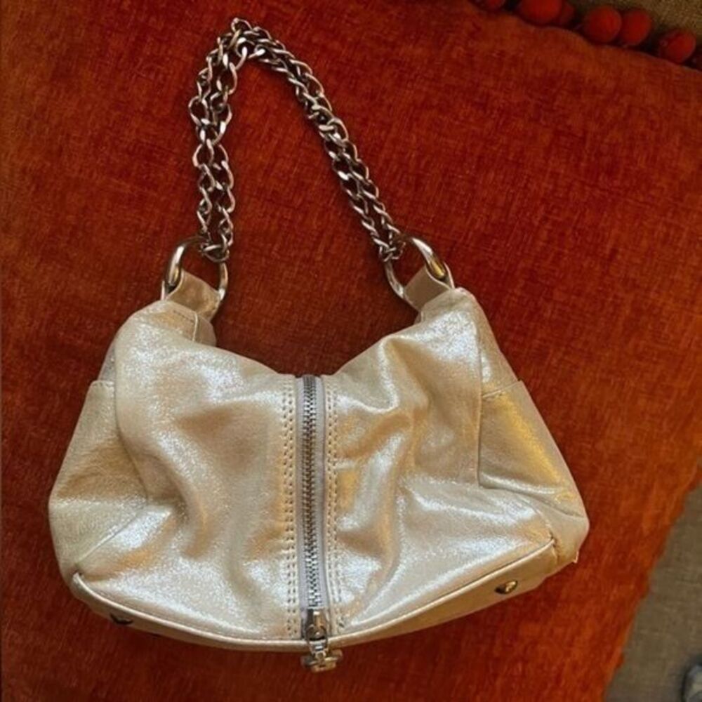 JALDA Gold Leather Mini Nano Metallic Metal Chain Strap Purse Wristlet 7X4